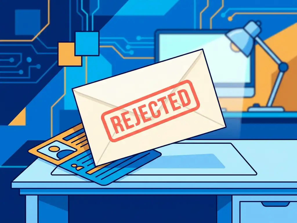 Envelop met rode afwijzingsstempel op recruitersbureau, kandidaatprofiel eronder, digitale workflow op achtergrond.