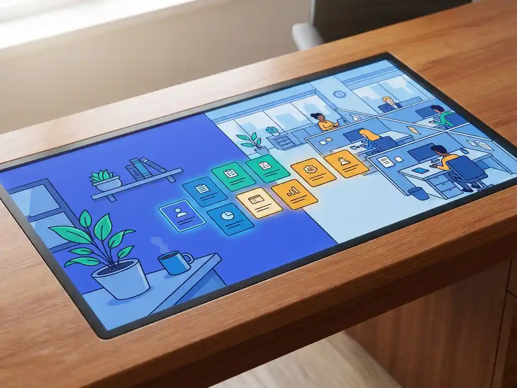 ATS-dashboard op kantoorbureau toont kandidaatkaarten tussen thuiswerkhoek met plant en open kantoorruimte in blauw-teal kleurenpalet.