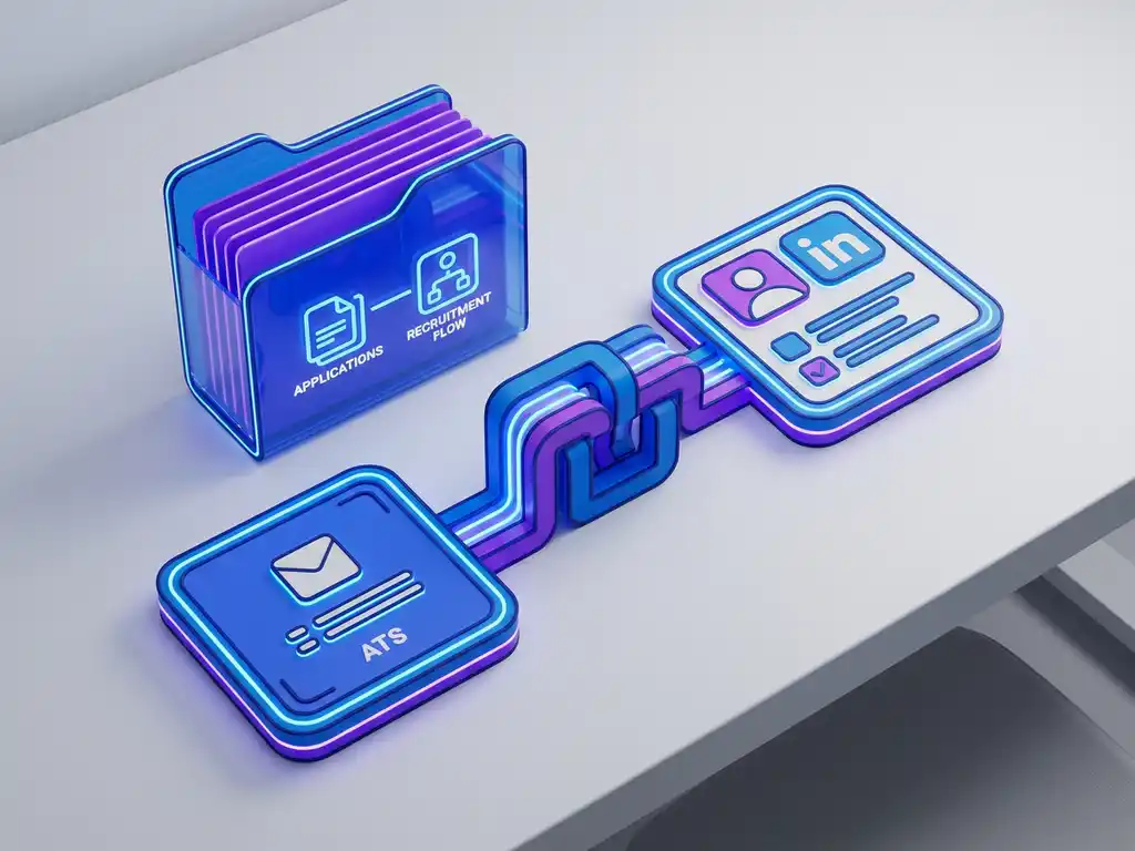 ATS-dashboard als fysiek kaartensysteem verbonden met een LinkedIn-profieltegel via geometrische brug, in blauw en paars.