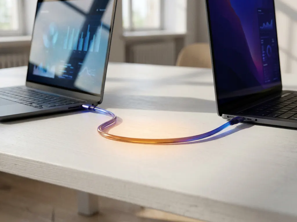 Twee laptops verbonden door een gloeiende kabel op een wit bureau, symboliserend ATS- en HR-systeemintegratie in blauw en violet licht.