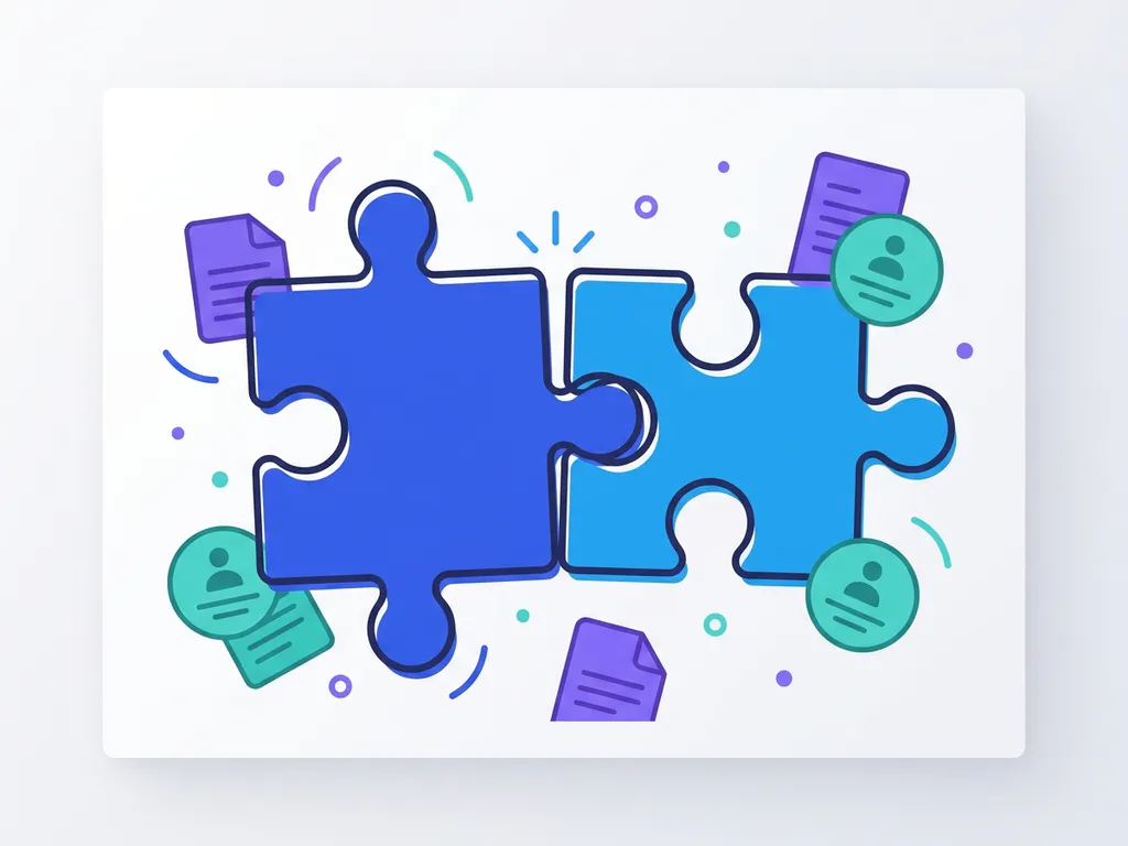 Twee ineikaartende puzzelstukken in kobaltblauw en hemelsblauw symboliseren de integratie tussen een ATS-systeem en Loket.nl.