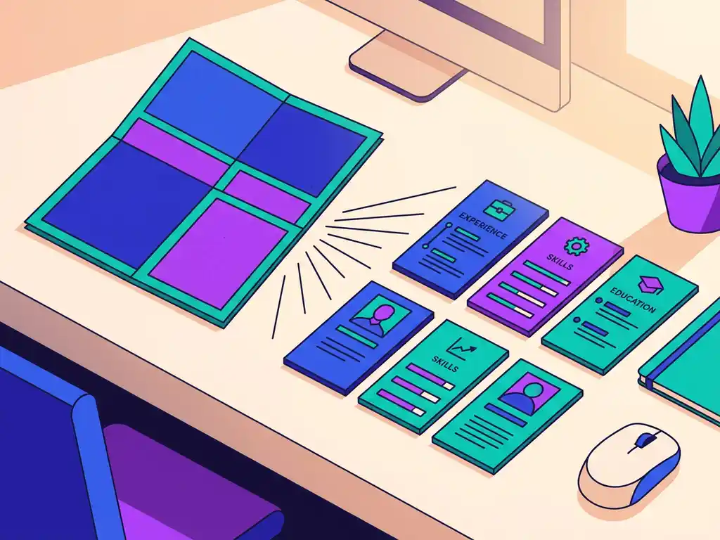 CV-document dat transformeert naar gestructureerde kandidaatprofielkaarten, geometrische vectorillustratie in kobaltblauw en elektrisch violet.