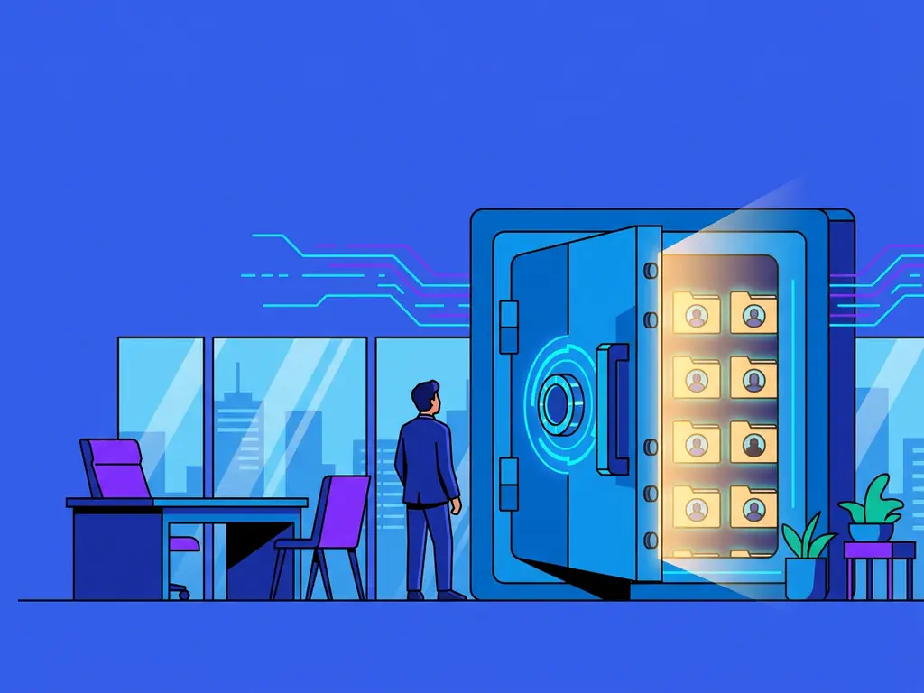 Digitale kluisdeur op een kier met gloeiende kandidaatprofielen erin, in een modern recruitmentkantoor, vlakke illustratiestijl.