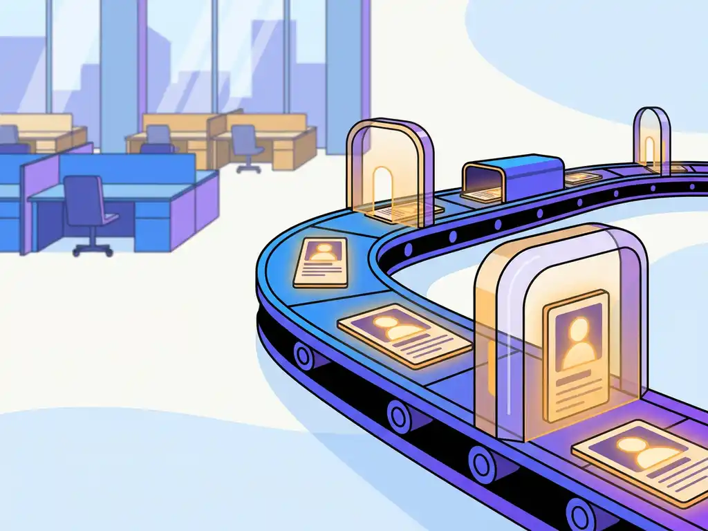 Geautomatiseerde transportband sorteert gloeiende kandidaatprofielen in een modern recruitmentkantoor, strakke flat-style illustratie in blauw en violet.
