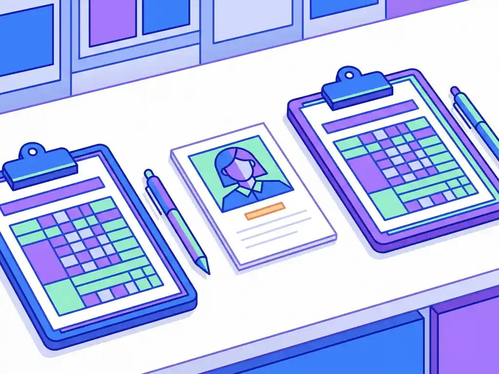 Drie symmetrisch gerangschikte clipboards met evaluatierasters en een kandidaatprofiel op een wit bureau, gestructureerd sollicitatiegesprek.