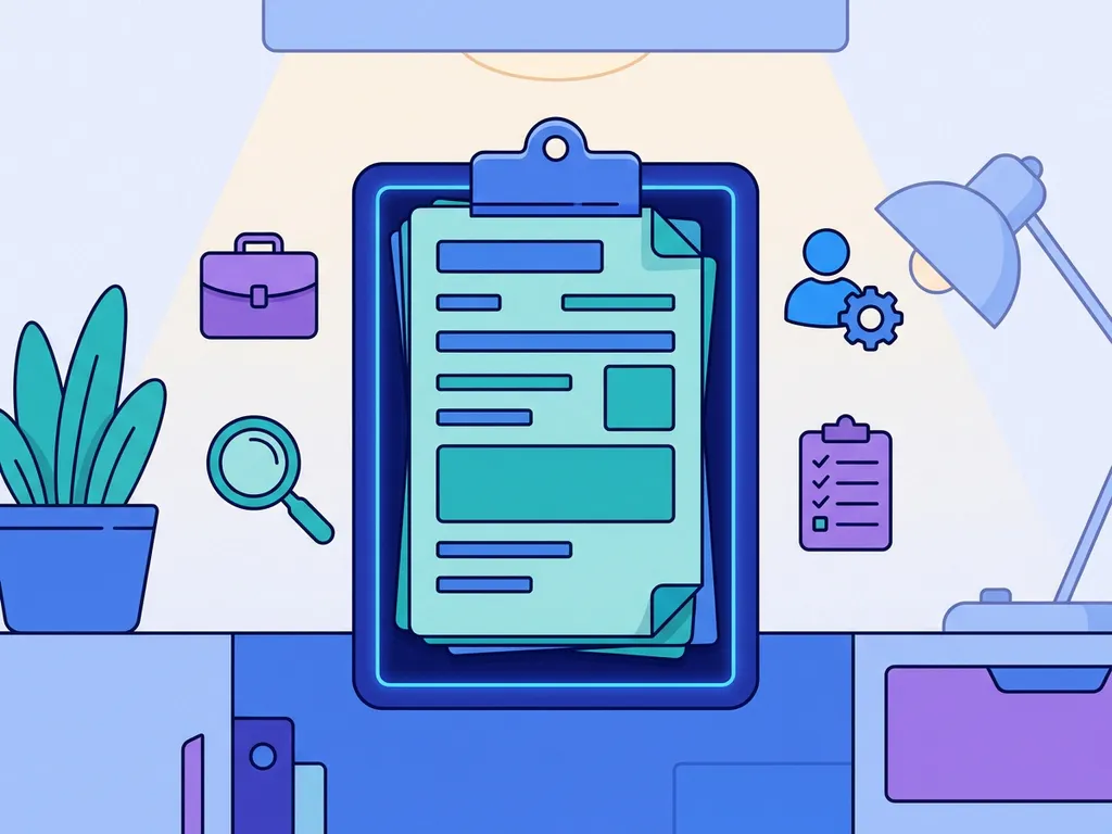 Herbruikbaar documentsjabloon op digitaal klembord met recruitmentpictogrammen zoals een aktetas en vergrootglas, in blauw, paars en teal.