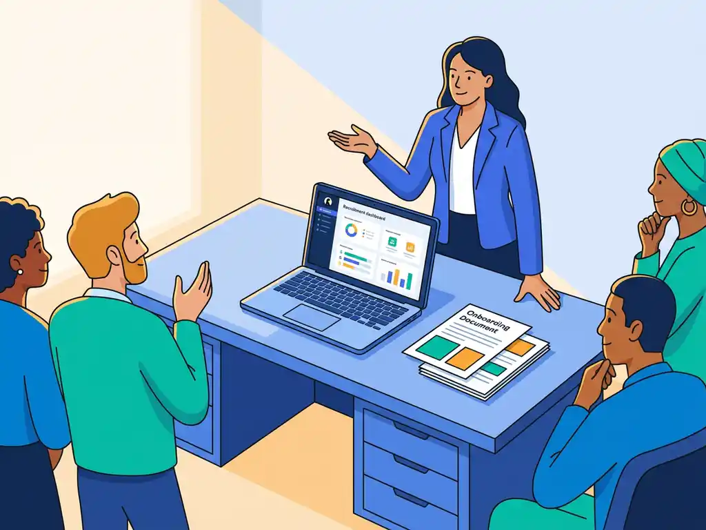 HR-professional begeleidt divers team rond modern bureau met laptop waarop recruitmentdashboard en onboardingdocumenten zichtbaar zijn.