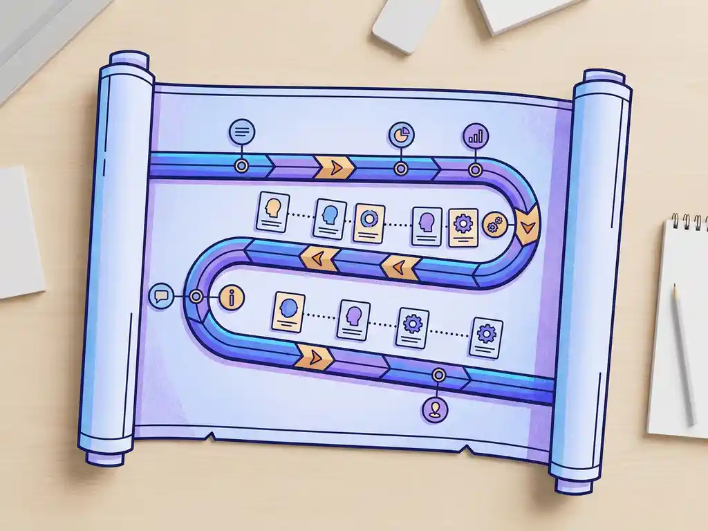 Implementatie-routekaart als blauwdruktrol op modern bureau met mijlpaalmarkeringen, kandidaatprofielen en tandwieliconen in blauw, violet en amber.