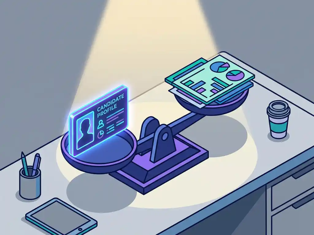 Weegschaal met kandidaatprofiel en kwaliteitsstatistieken op modern recruitersbureau, illustratie in elektrisch blauw en violet.