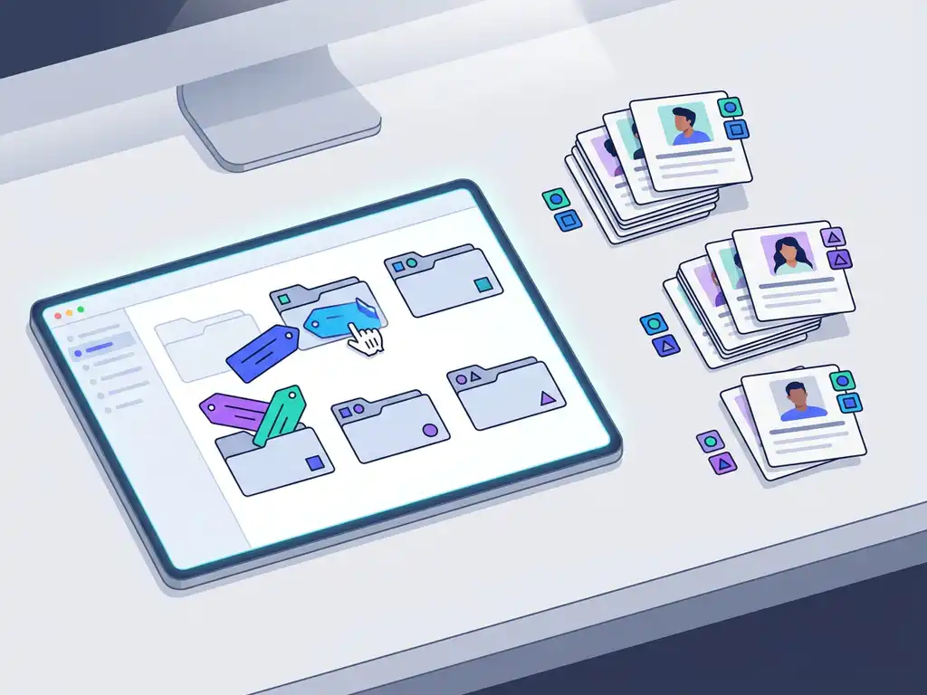 Kleurrijke kandidaatprofielkaarten georganiseerd in een digitaal archiefsysteem met geometrische filtericons in elektrisch blauw, violet en teal.