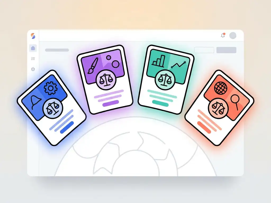 Diverse kandidaatprofielen in een boog op een wervingsdashboard, weergegeven in cobaltblauw, violet, teal en koraal.