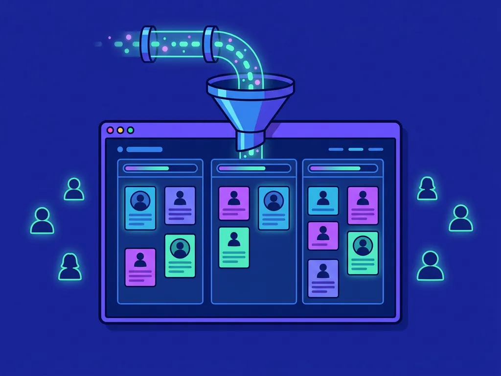 Digitale recruitmentdashboard met gloeiende kandidatenpipeline, gesorteerde sollicitantenkaarten in kolommen en menselijke silhouetten in blauw en violet.
