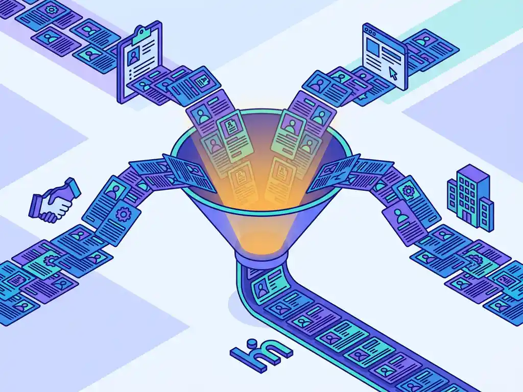 Diverse kandidaatprofielen uit vacaturebanken, verwijzingen en carrièresites stromen samen in één georganiseerde recruitmentpijplijn, isometrische flat illustration.
