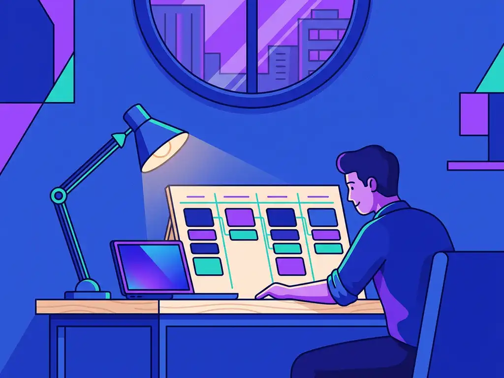 Ondernemer bekijkt kleurgecodeerd kandidatenbord op modern bureau met laptop, in vlakke illustratiestijl met blauw en violet kleurenpalet.