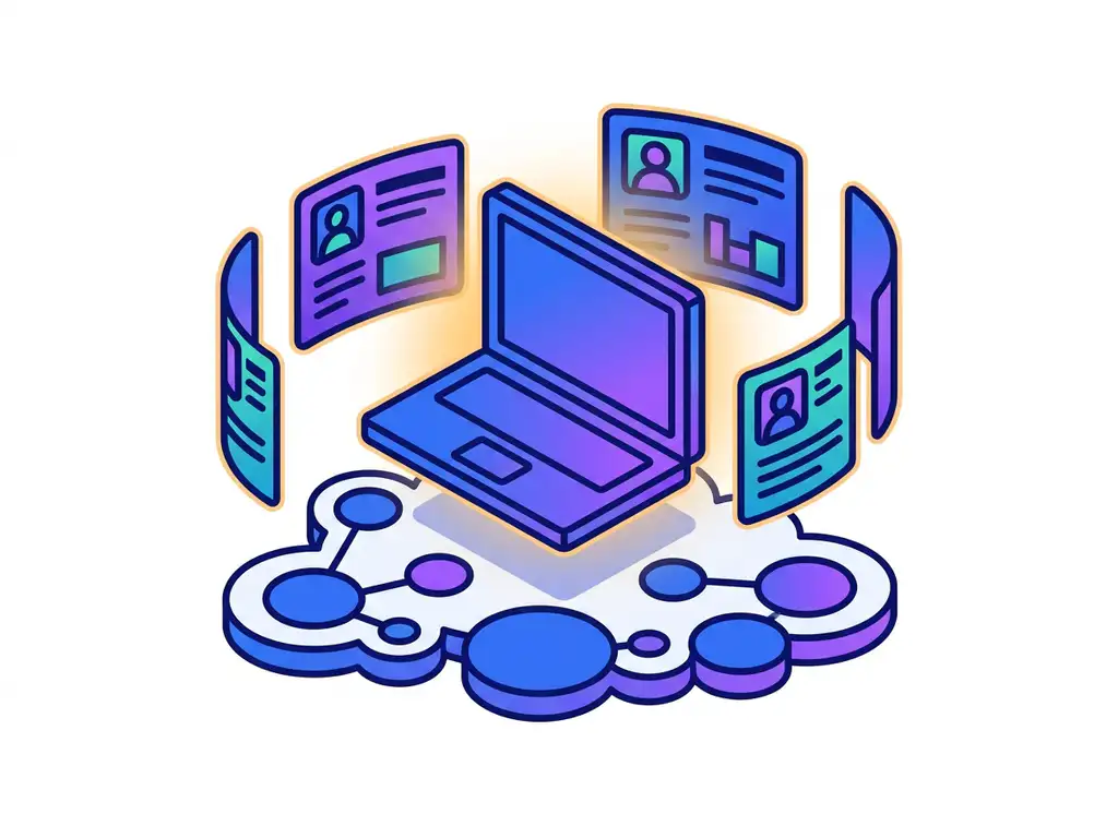 Laptop boven een cloudplatform met orbiterende kandidaatprofielen in kobaltblauw, violet en teal, geometrische flat-style illustratie.