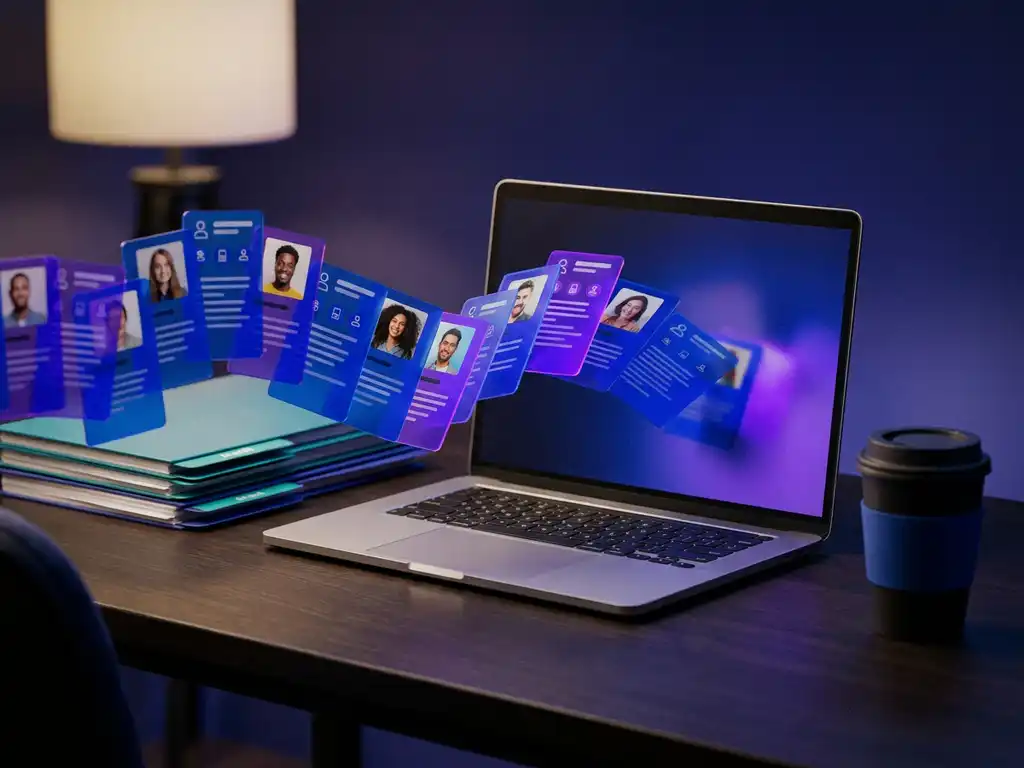 Stroom van diverse kandidaatprofielen die samenkomen op een laptop op een modern recruitmentbureau met koffie en mappen.