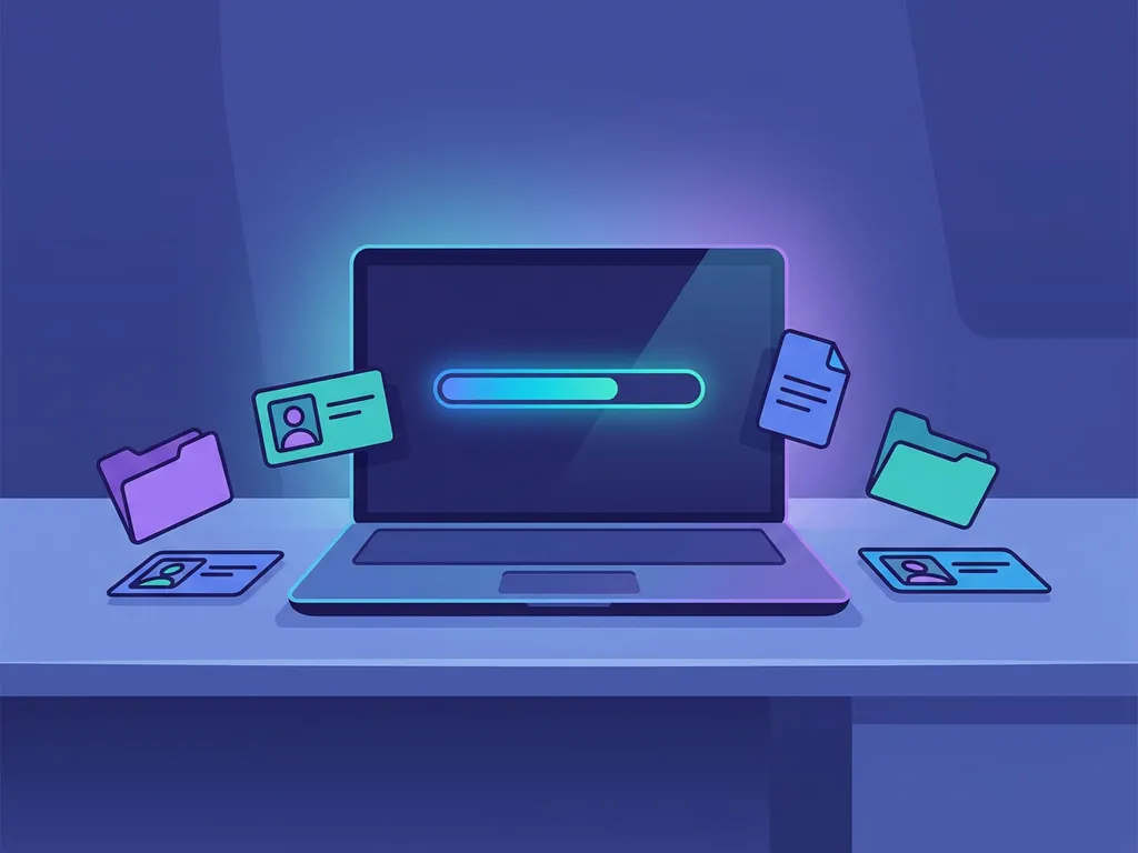 Laptop met voortgangsbalk omringd door zwevende wervingsdocumenten en kandidaatprofielen op modern bureau.