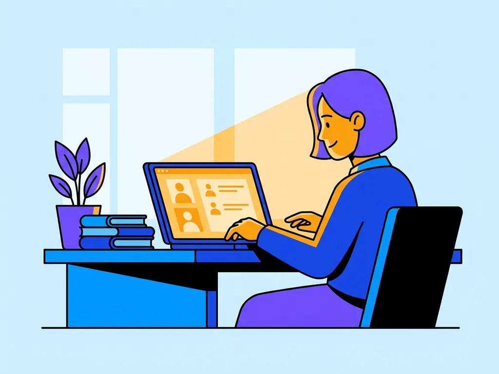 Leraar bekijkt kandidaatprofielen op laptop aan schoolbureau, omringd door boeken en plant, vlakke illustratiestijl in kobaltblauw en violet.