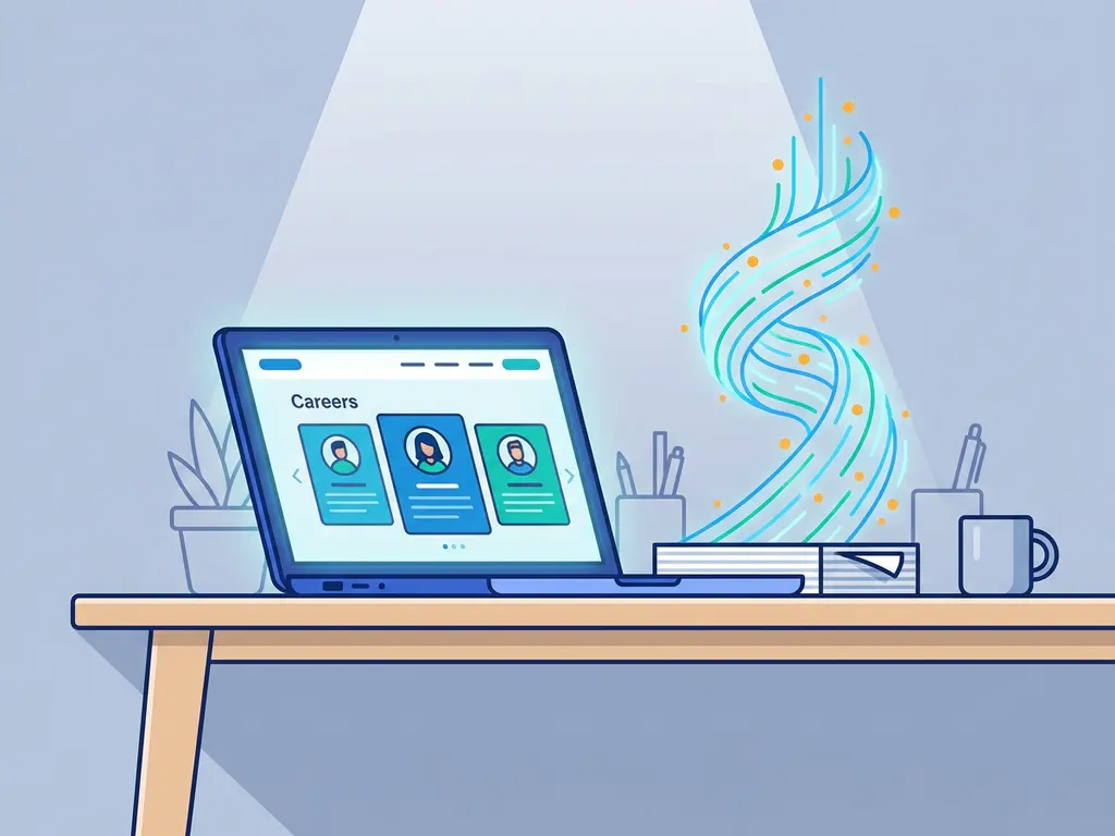 Laptop op modern bureau met digitale recruitmentpipeline en kandidaatprofielen in blauw-groene kleurtonen.