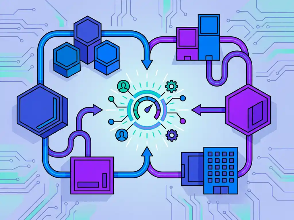 Netwerk van geometrische kantoorgebouwen verbonden door elektrisch blauwe en violette lijnen met een centraal recruitmentdashboard.