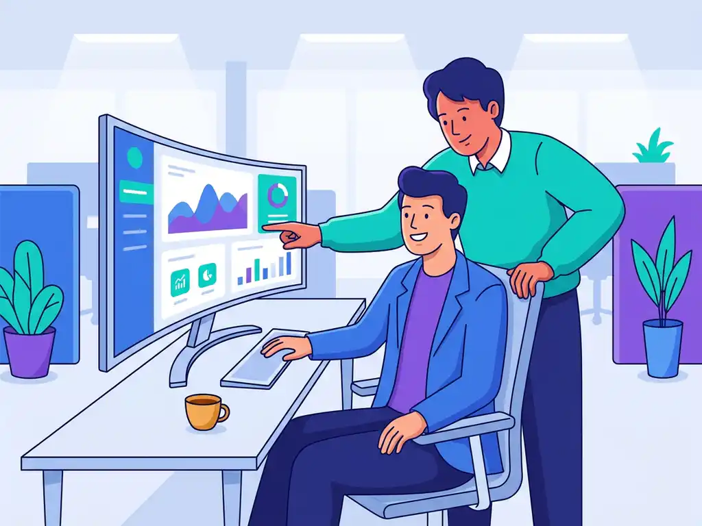Recruiter en collega bekijken samen een ATS-dashboard op een groot scherm tijdens een training in een modern kantoor.