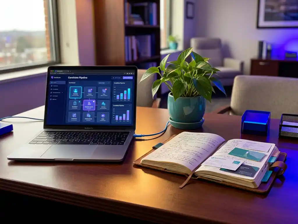 Bureau van recruiter met laptop met kandidatenpijplijn naast notitieboek vol contactnotities, verbonden door een potplant, in blauw-violet kantooromgeving.