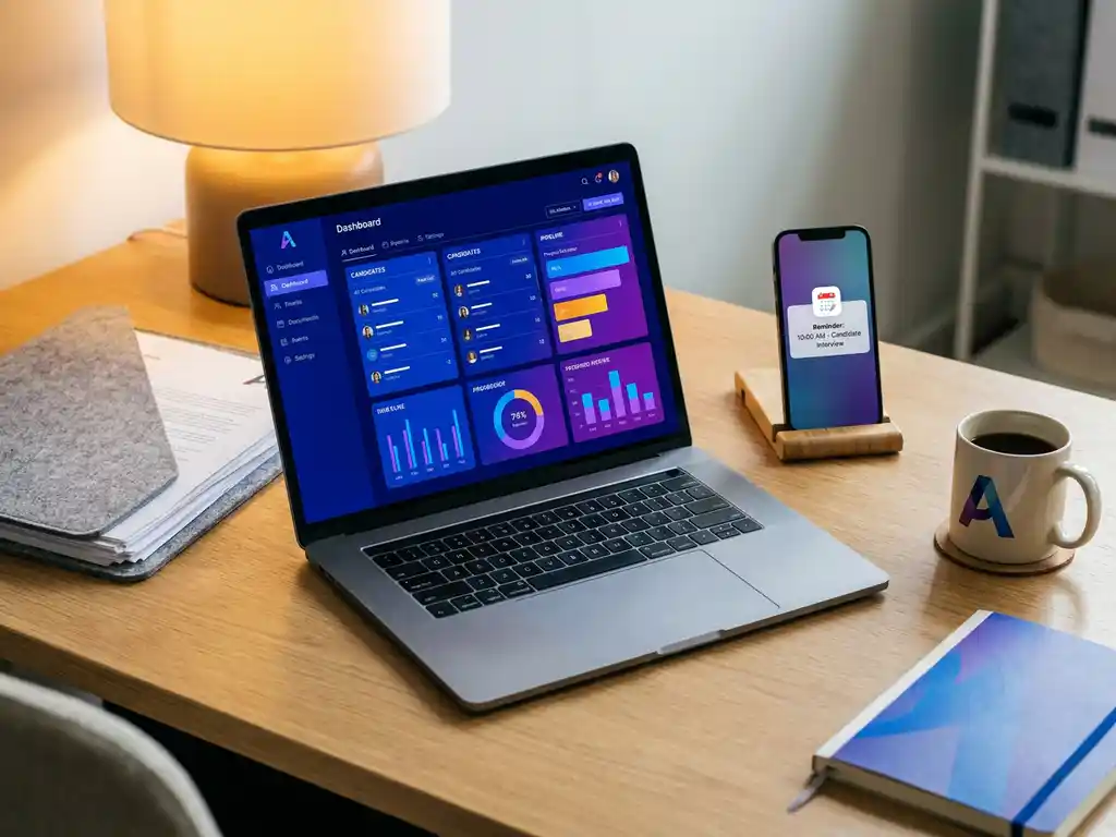 Recruiter bureau met laptop met kandidatenpijplijn, cv-map, smartphone met agenda en koffiemok in kobaltblauwe en violette tinten.