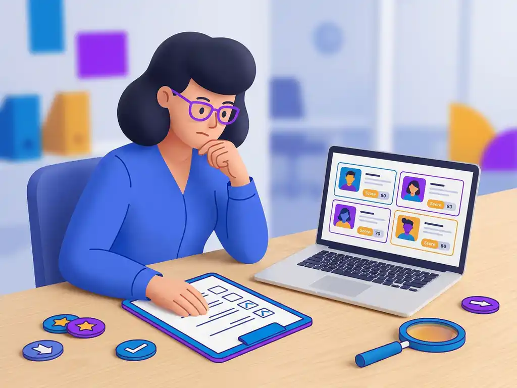 Recruiter bekijkt kandidatenprofielen op laptop en clipboard aan modern bureau met evaluatiebadges en vergrootglas.