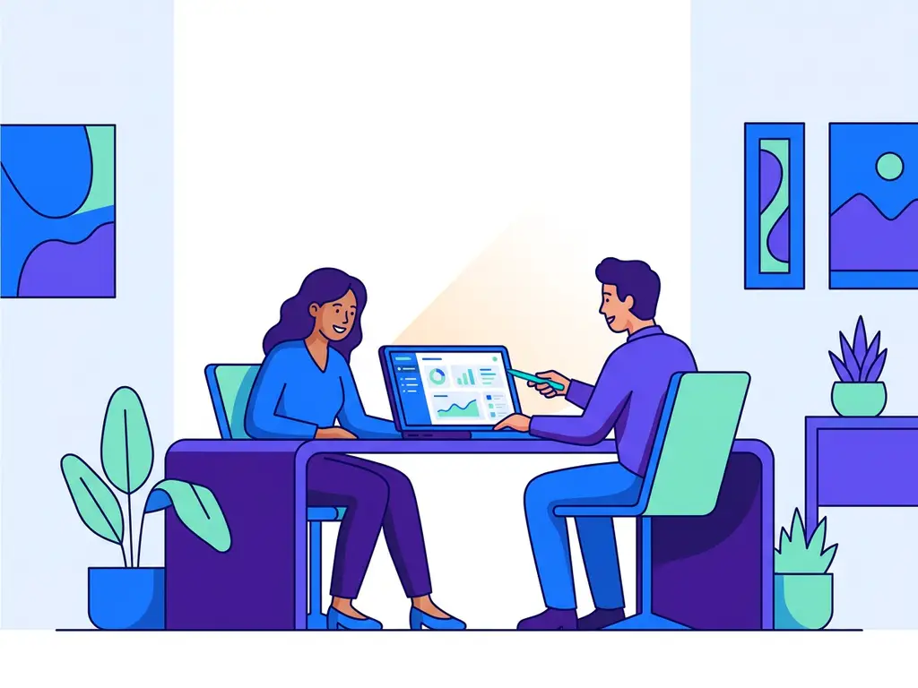 Recruiter en softwareconsultant aan modern bureau met open laptop waarop een dashboard zichtbaar is, in een stijlvolle flat illustration.