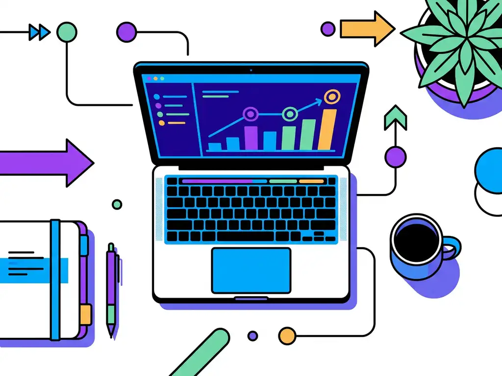 Recruiter bureau met laptop en dashboard met stijgende voortgangsbalken en mijlpaalmarkeringen in blauw, paars en teal.
