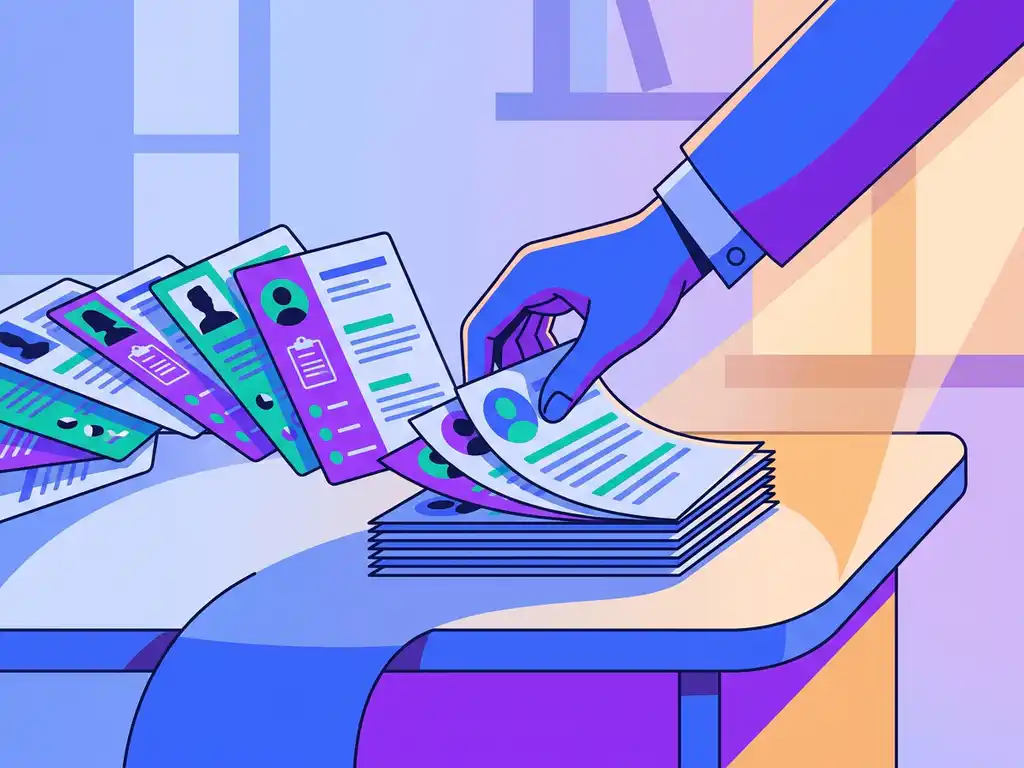 Recruiter ordent kandidaatprofielen tot één stapel op modern bureau, vlakke illustratie in elektrisch blauw en violet.