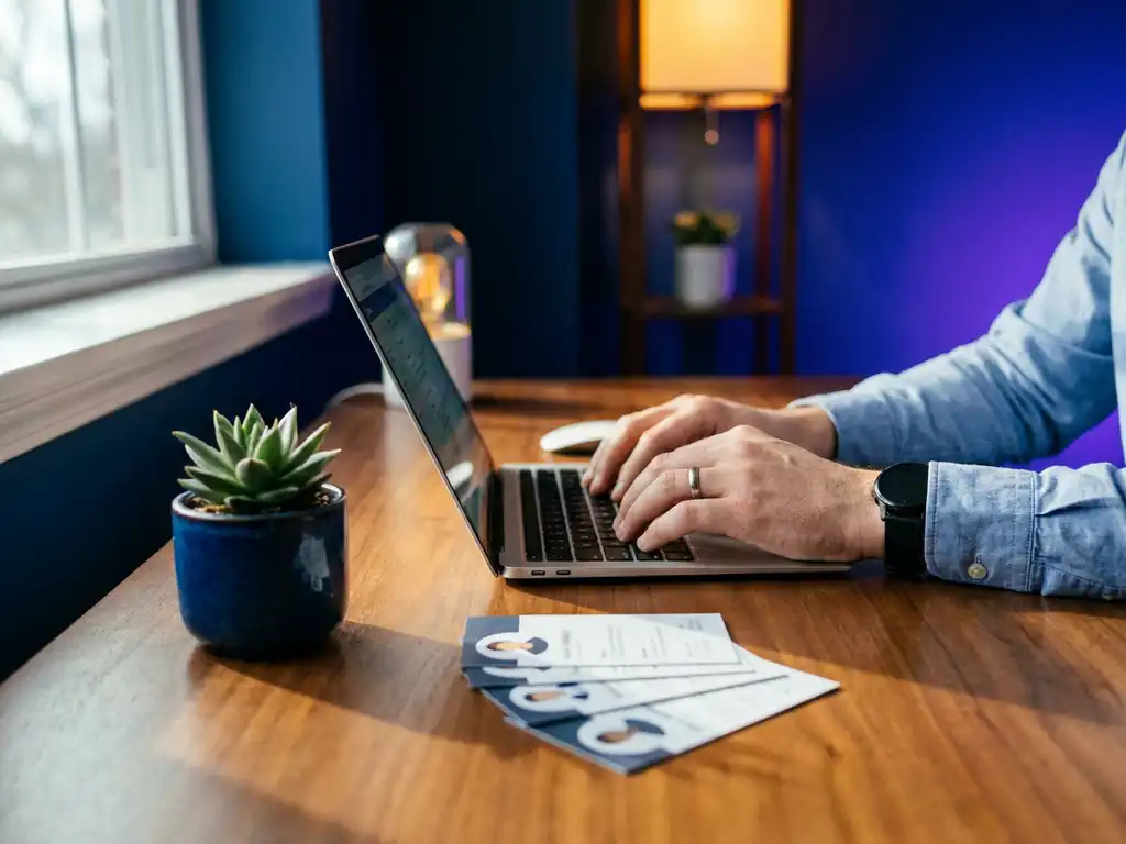 Recruiter met handen boven laptop op modern bureau, omringd door kandidaatprofielen en potplant in blauw-indigo kantooromgeving.