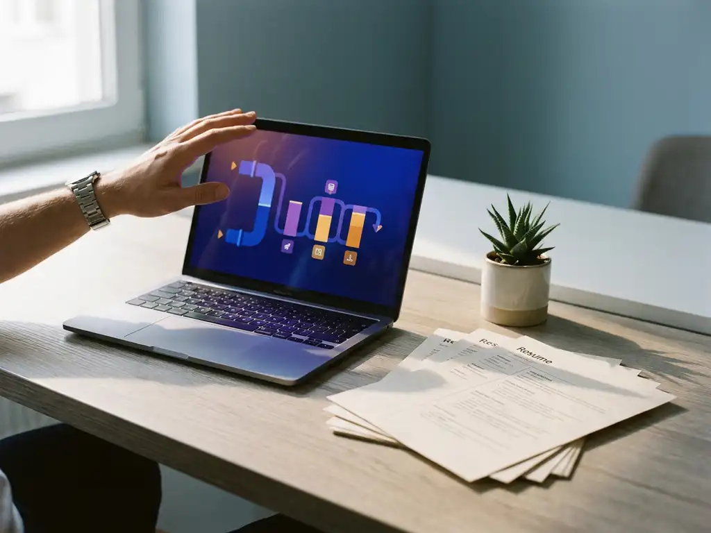 Recruiter die met de hand boven een laptop zweeft met een kandidatenpipeline-dashboard, gestapelde cv's op een modern wit bureau.