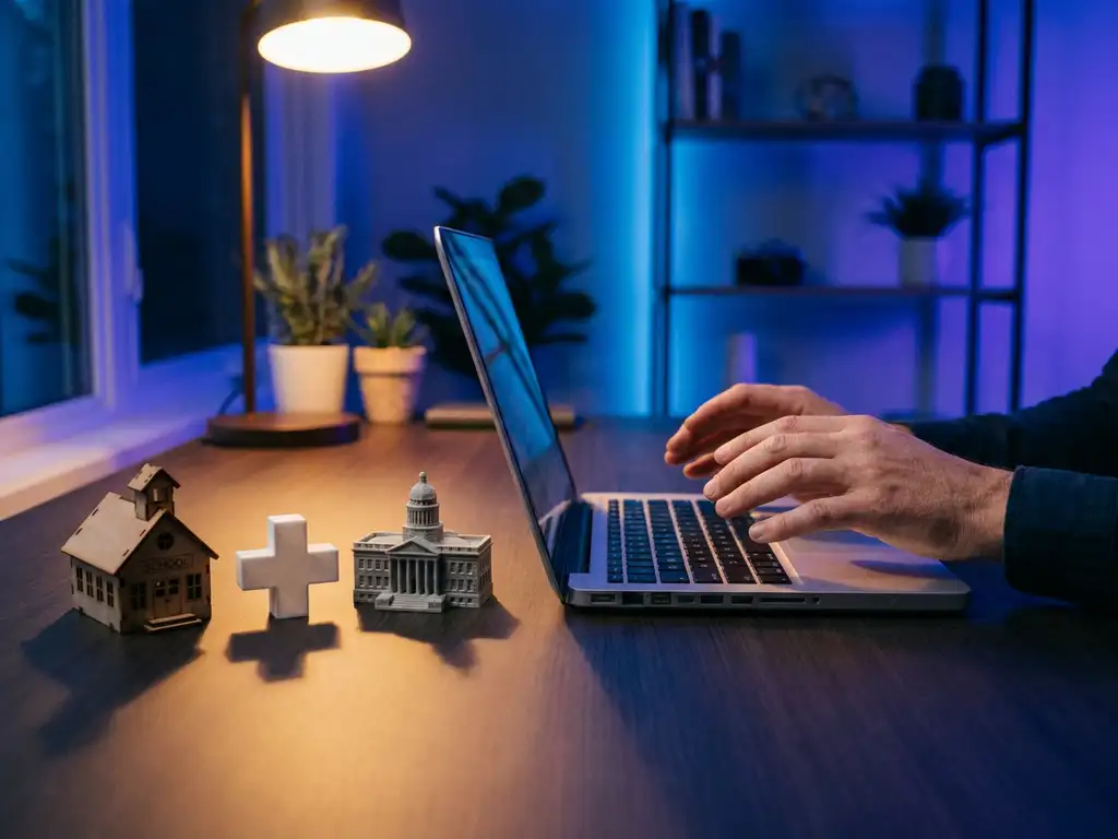 Recruiter met handen boven laptop op modern bureau, omringd door miniaturen van school, ziekenhuis en stadhuis in kobaltblauw licht.