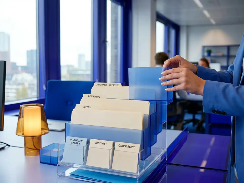 Recruiter plaatst laatste map in georganiseerde bureaulade met kandidaatmappen, symboliseert ATS-implementatie in modern Rotterdams kantoor.