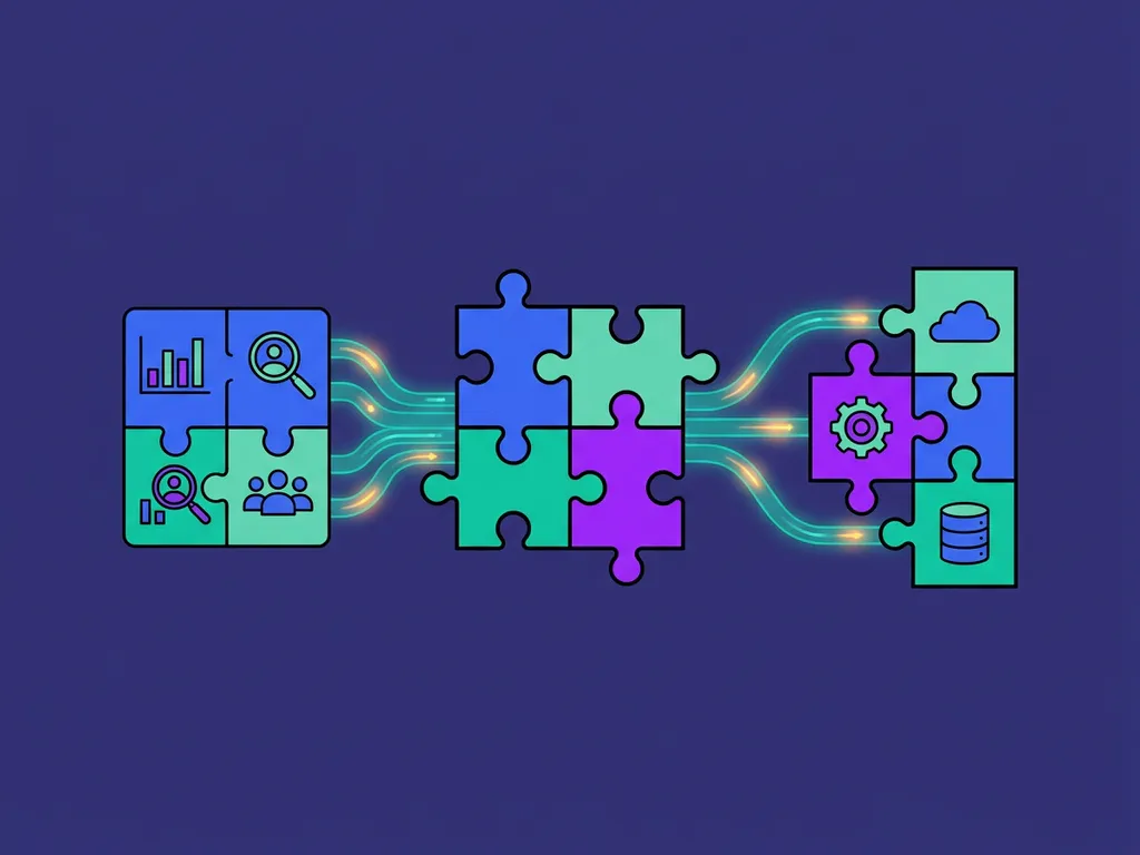 Puzzelstukken verbinden een recruitment dashboard met HR-systemen via gloeiende teal datastromen op indigo achtergrond.