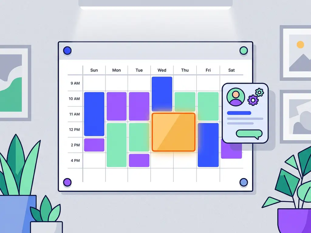 Recruitment dashboard kalender met kleurgecodeerde interviewblokken in blauw, violet en mint, met een kandidaatkaart op kantoorwand.