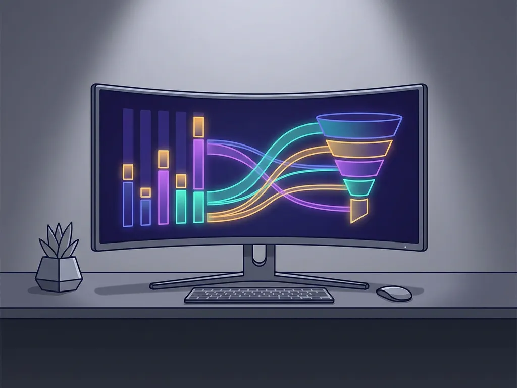 Recruitmentdashboard met kleurrijke staafdiagrammen en trechtergrafieken op een monitor, kandidatenpipeline in indigo en violet tinten.