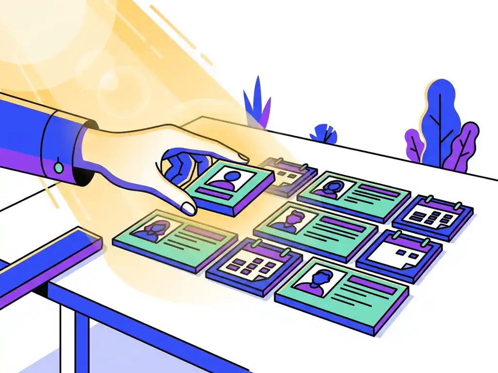 Recruiter plaatst laatste puzzelstuk tussen kandidaatkaarten en kalenderblokken op minimalistisch wit bureau.