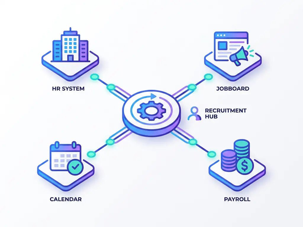 Recruitingsoftware hub verbonden met HR-systeem, vacaturebank, agenda en salarisadministratie via blauwe en violette connectielijnen.