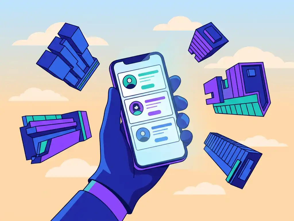 Smartphone met recruitmentdashboard en kandidaatkaarten, gehouden boven een moderne Rotterdamse werkruimte in kobaltblauw en elektrisch violet.