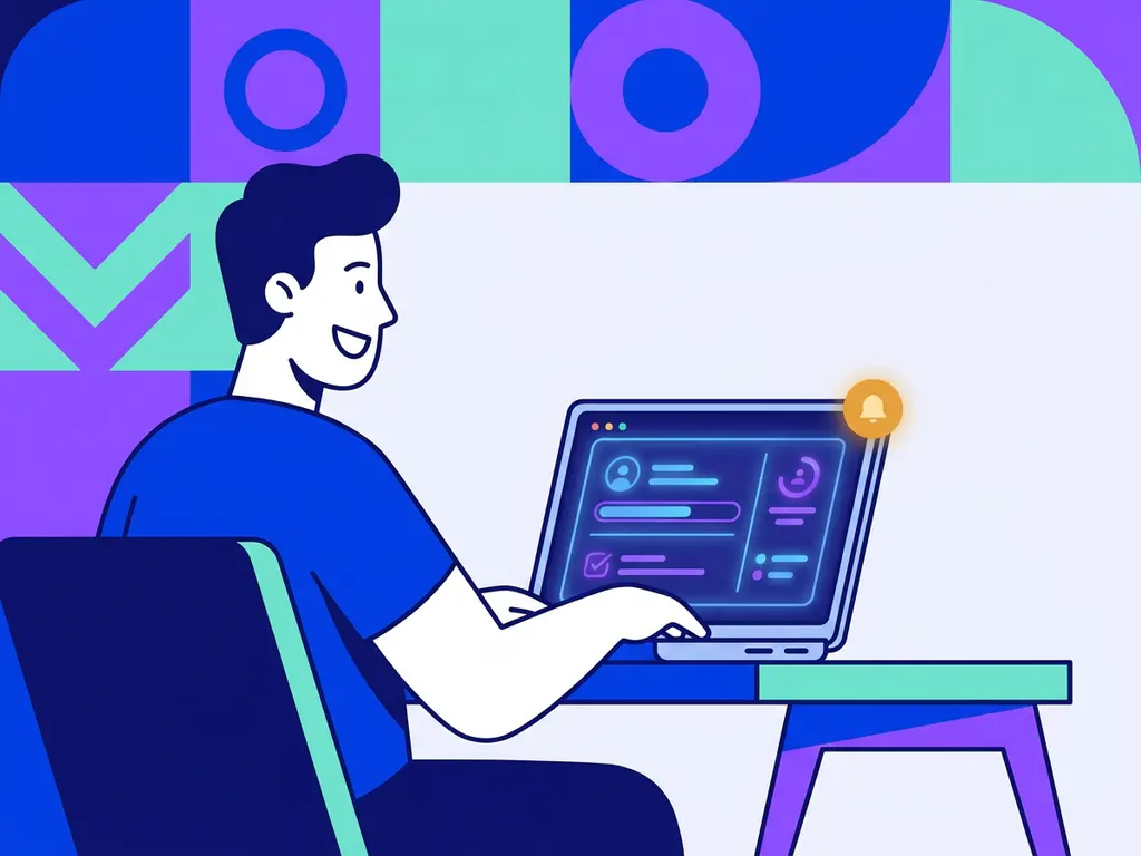 Zelfverzekerde sollicitant bekijkt applicatiestatus op laptop in minimalistisch thuiskantoor met blauw-violet dashboard.