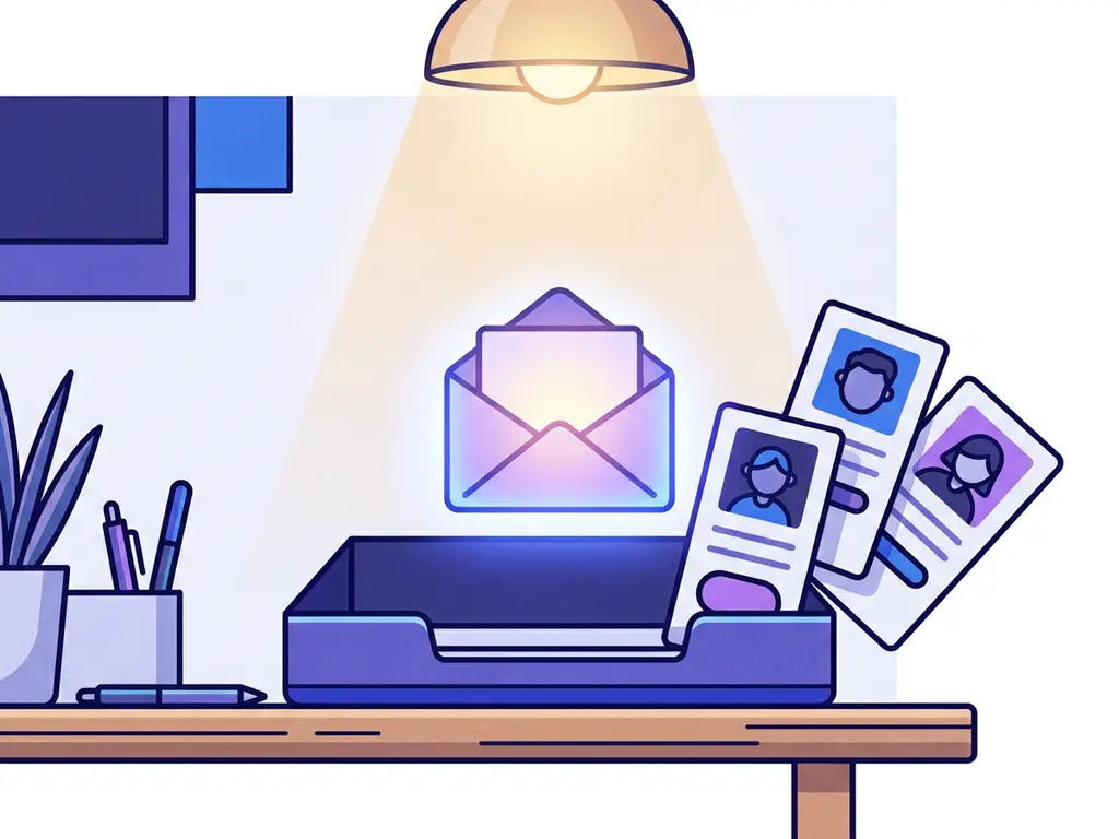Gloeiende open envelop in digitale inbox met uitgespreide kandidaatprofielkaarten, illustratie in indigo en elektrisch blauw.