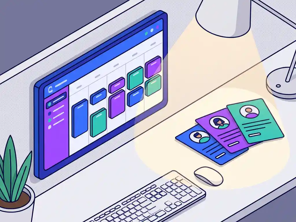 Digitale recruitmentkalender met ingeplande sollicitatietijdslots en kandidaatprofielkaarten in kobaltblauw en violet.