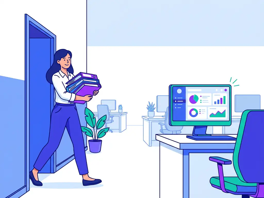 Jonge stagiair met map documenten betreedt modern kantoor met recruitmentdashboard op monitor, vlakke vectorillustratie in blauw en violet.