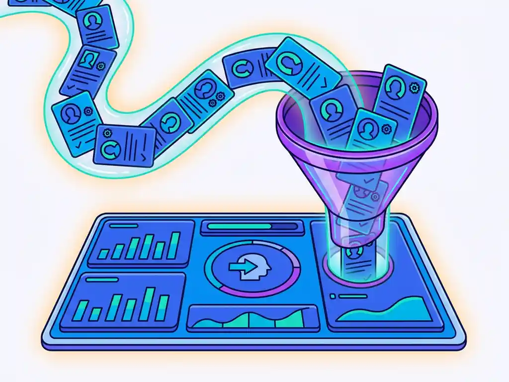 Stroom van kandidaatprofielen die trechteren naar een digitaal recruitmentdashboard, vlakke illustratie in kobaltblauw en paars.