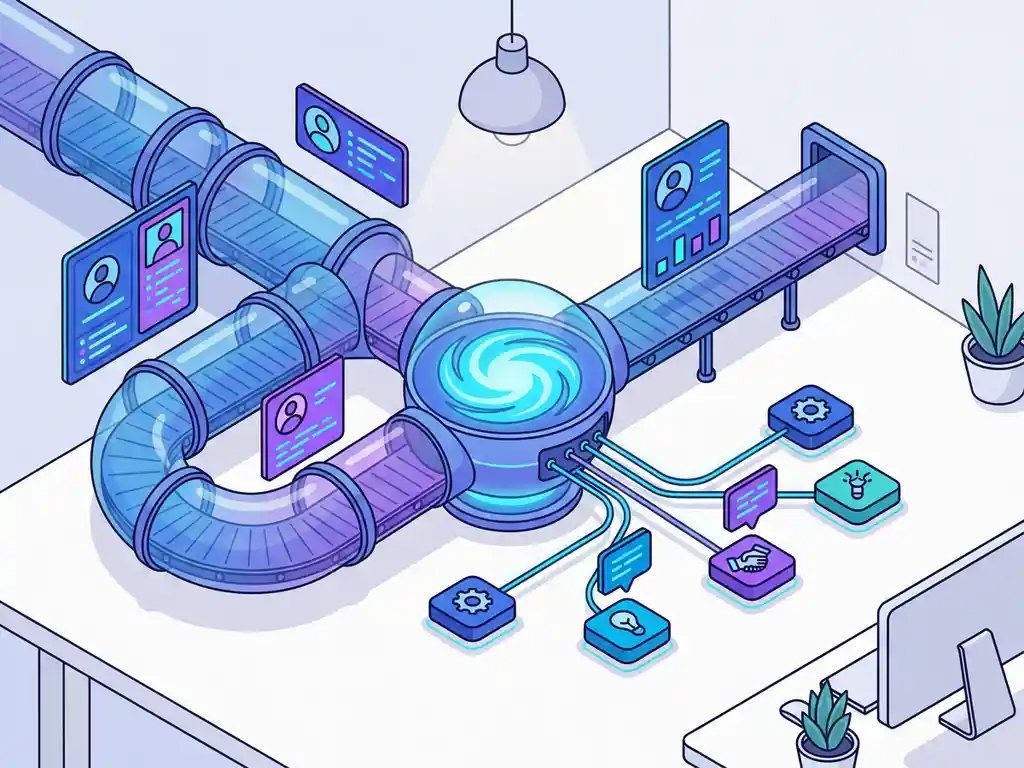 Georganiseerde talentpipeline met kandidaatprofielen en afdelingsknopen verbonden aan een gloeiende centrale hub in isometrisch perspectief.