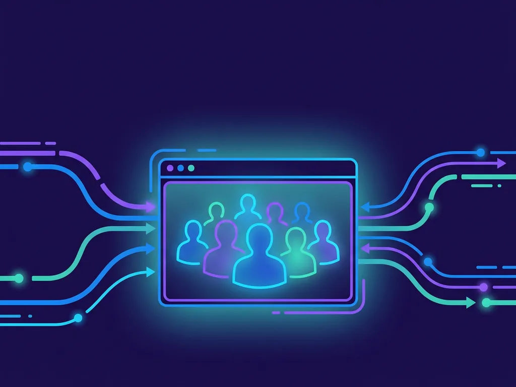 Digitale talentpool met lichtgevende menselijke silhouetten in een interface-kaart, verbonden door bogen die kandidatenpipelines symboliseren.