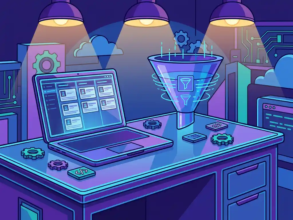 Recruiter bureau met laptop waarop een kandidatenpijplijn zichtbaar is, omringd door tandwielen en code-symbolen in elektrisch blauw en violet.