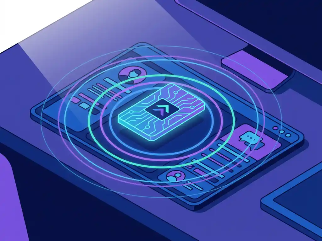 Digitale toegangskaart zweeft boven een wervingsdashboard met concentrische toegangsringen in blauw, violet en groenblauw.